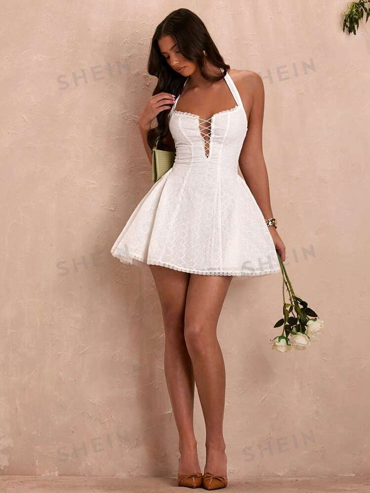 SHEIN BAE Summer Vacation Date Sweetheart Halterneck Hollow Out Bowknot Puffy White Solid Color W... | SHEIN