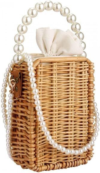 Beach Bag Purse for Women, Natural Hand-woven Rectangular Wicker Handbag, Pearl Basket Purse, Ret... | Amazon (US)