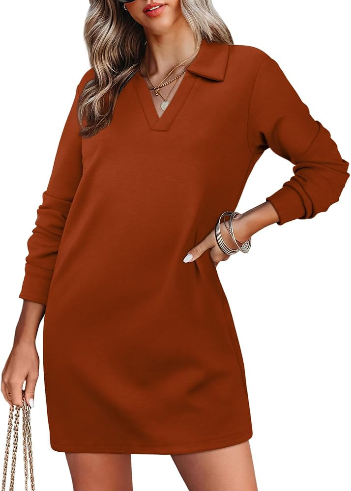 WIHOLL Womens Long Sleeve Lapel Collared V Neck Sweatshirt Dress Loose Fit Solid Color Mini Dress... | Amazon (US)
