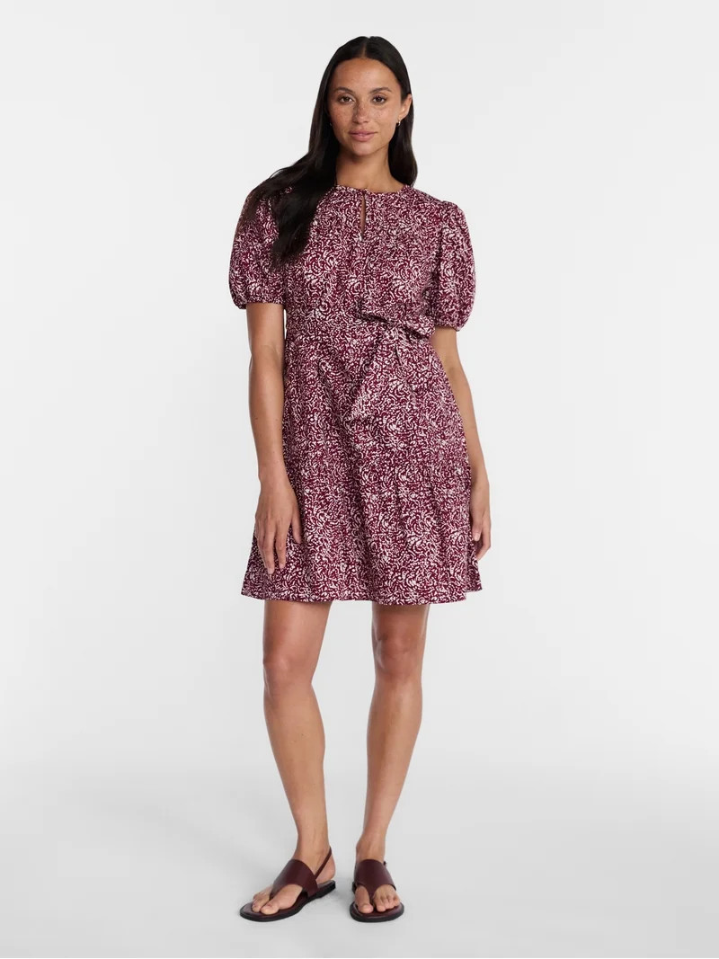 Time and Tru Women's and Women's Plus Cotton Mini Dress with Puff Sleeves, Sizes XS-4X | Walmart (US)