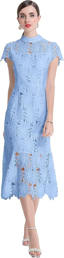 LAI MENG FIVE CATS Women Hollow Out Lace Floral Embroidery Cap Sleeve Cocktail Fishtail Midi Dres... | Amazon (US)