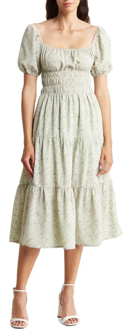 Floral Puff Sleeve Tiered Midi Dress | Nordstrom Rack