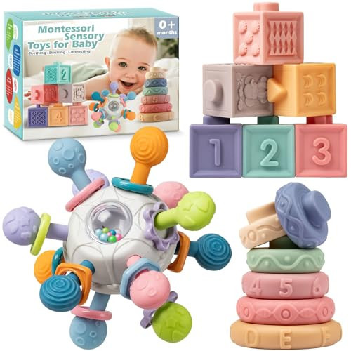Jyusmile Baby Sensory Teething Toys Set, Montessori Baby Toys 6-12 Months, Incl Newborn Rattle Teether & Baby Blocks & Soft Stacking Rings, Ideal Baby Boy Girl Gifts, Infant Toys 0-3-6-9-12-18 Month | Amazon (US)
