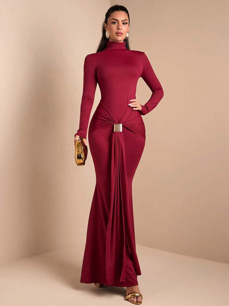 SHEIN BAE Elegant Women Long Draped Metal Decor Dress, Suitable For Daily Date, Night Out, Club P... | SHEIN