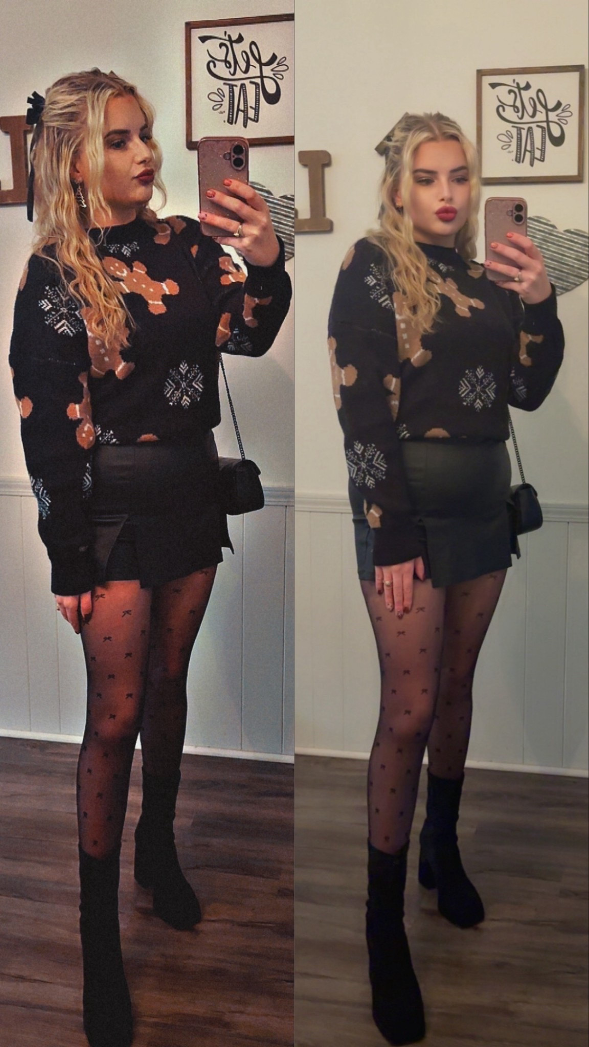 Holiday fits but make it effortless. Cozy knit, mini skirt, sheer tights + boots = my go-to winter combo 🤍✨ 

#LTKHoliday #LTKSeasonal #LTKootd