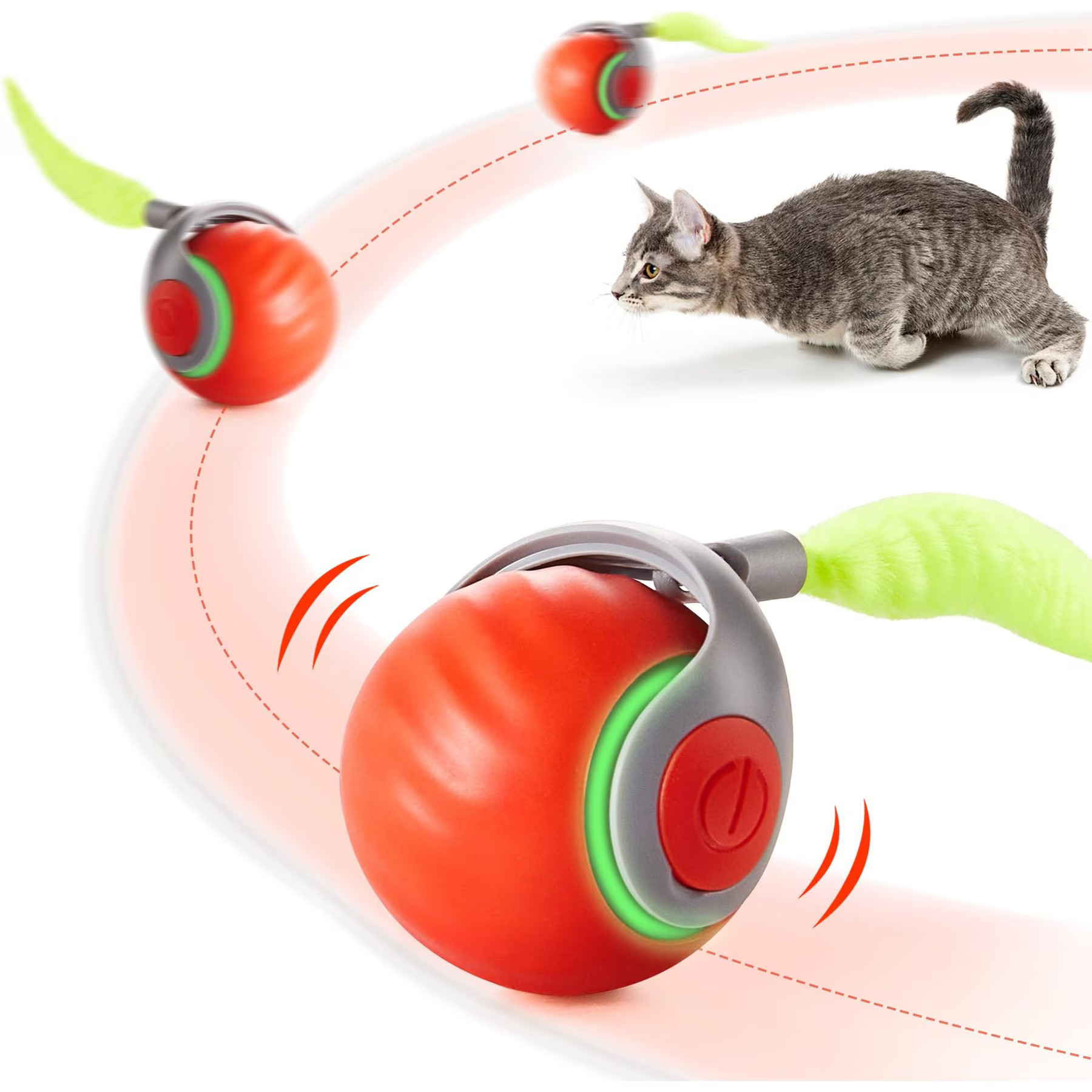 Potaroma Rechargable Automatic Ball Cat Toy with Feather Tail, Orange | Chewy