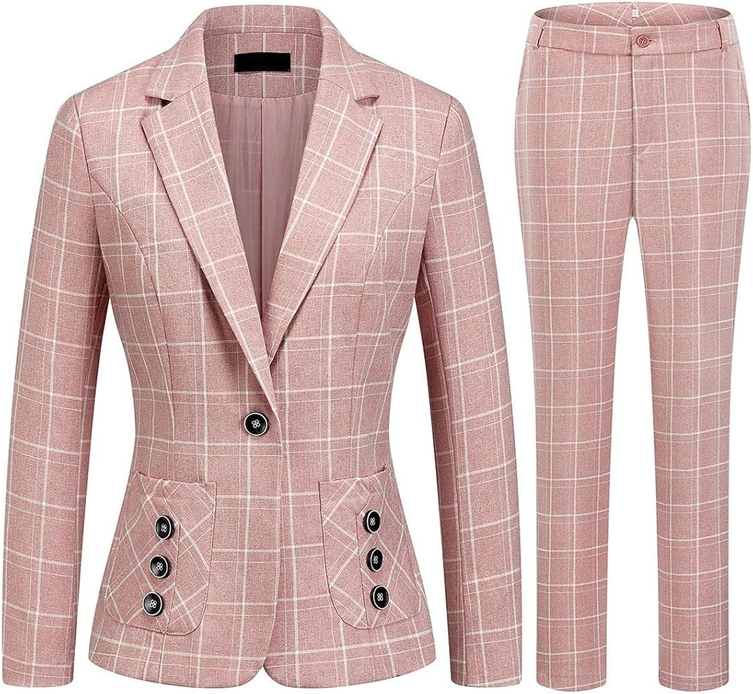MODFUL Women's 2 Piece Business Plaid Suit Set Office One Button Slim Fit Blazer with Pant | Amazon (US)