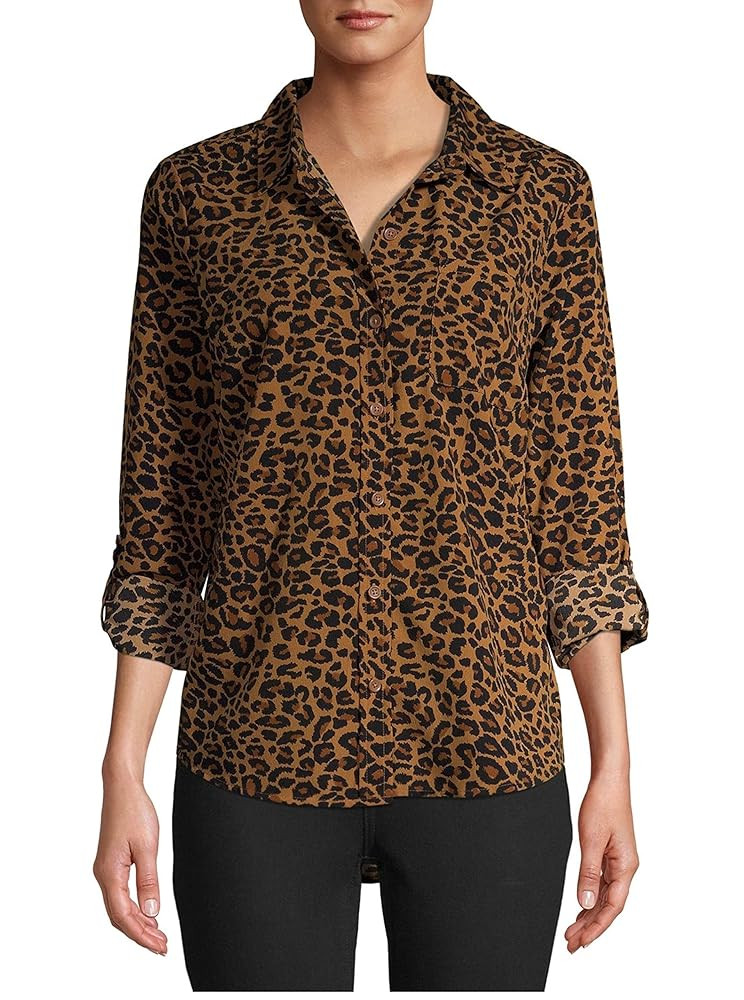 Time and Tru Womens Rolled Sleeve Printed Blouse | Amazon (US)