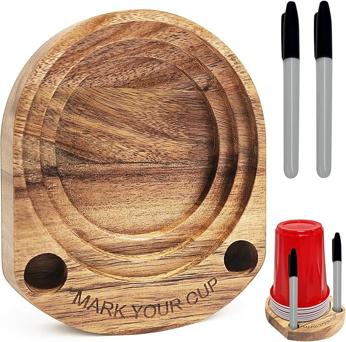 Party Cup Holder with Marker Slot, Acacia Wood Bathroom Cup Dispenser Mark Your Cup and Drink Up,... | Amazon (US)