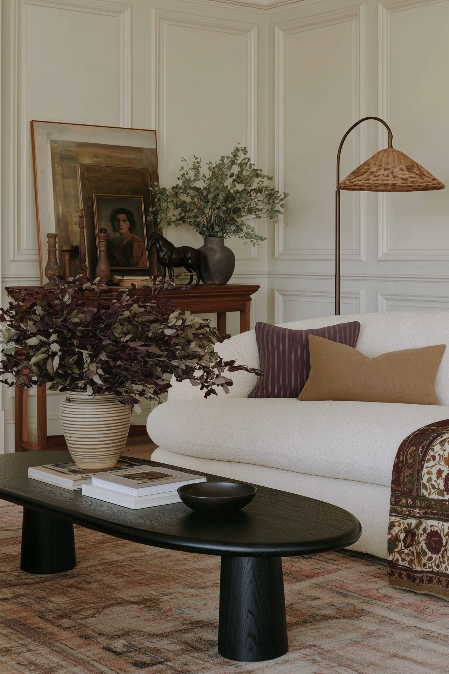 Collected Neutral Living Room 🤎 This warm, elevated living room blends organic modern style with vintage-inspired decor and timeless traditional details. A creamy boucle sofa pairs beautifully with a sculptural black wood coffee table, muted vintage-style area rug, burgundy and camel accent pillows, and a richly patterned floral throw. Layered antique artwork, a woven rattan floor lamp, ceramic vessels, botanical branches, and classic wall molding give the space a collected designer look with just the right mix of modern and old-world charm. 🖤 If you want to see more content like this, FOLLOW maeveandmodern on LTK, Instagram, and Pinterest! Check out our blog where we post daily, maeveandmodern.com! Neutral Living Room | Organic Modern Living Room | Collected Living Room | Transitional Home Decor | Vintage Inspired Decor | Boucle Sofa | Cream Sofa | Black Coffee Table | Sculptural Coffee Table | Vintage Style Rug | Floral Throw Blanket | Burgundy Home Decor | Camel Accent Pillow | Neutral Throw Pillows | Rattan Floor Lamp | Woven Lighting | Vintage Artwork | Antique Inspired Decor | Botanical Decor | Ceramic Vase | Coffee Table Styling | Console Table Styling | Traditional Wall Molding | Warm Neutral Interiors | Designer Living Room | Cozy Living Room Ideas | Modern Traditional Decor | Old World Interiors | Elevated Home Decor | Fall Living Room Inspiration

#LTKHome #LTKSaleAlert #LTKSeasonal