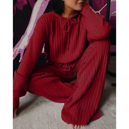Women s Casual Knitted Pajamas Two-piece Hooded Pajamas Loose straps Long pants Casual Home Can be w | Walmart (US)