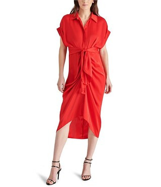 Tori Satin Point Collar Short Kimono Cuff Sleeve Belted Ruched Front Asymmetrical Hem Midi Shirt ... | Dillard's