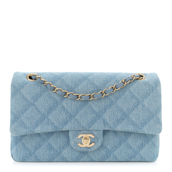 Printed Denim Quilted Medium Double Flap Light Blue | FASHIONPHILE (US)