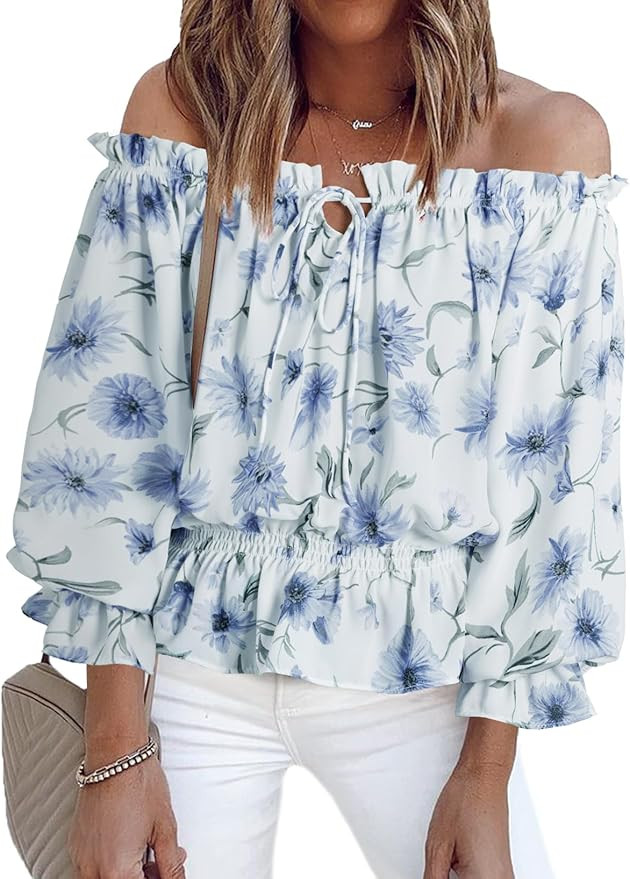BLENCOT Summer Sexy Off Shoulder Tops for Women Boho Ruffle Sleeve Floral Chiffon Shirts Blouses | Amazon (US)