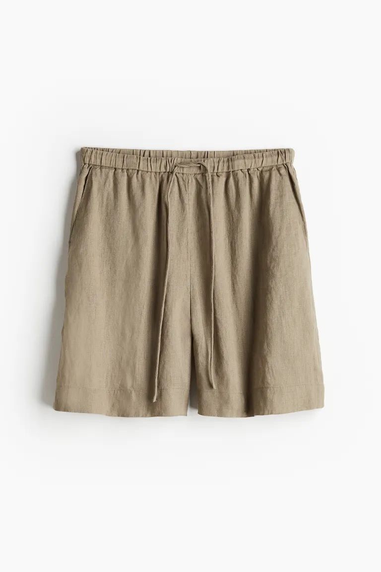 Linen Pull-on Shorts - High waist - Short - Dark beige - Ladies | H&M US | H&M (US + CA)