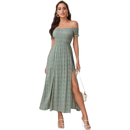 Floerns Women s Boho Floral Print Off Shoulder Split Long A Line Dress | Walmart (US)