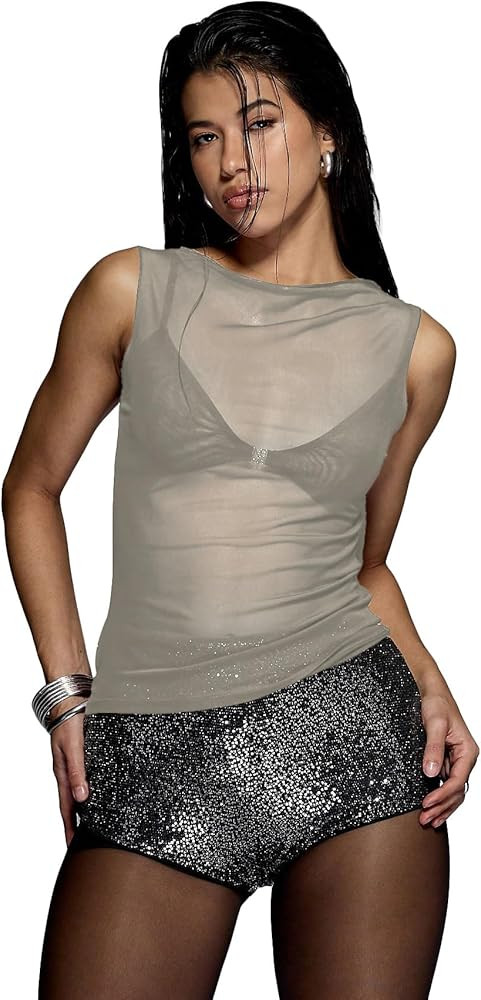 RoseSeek Women's Sheer Mesh Tank Top Sleeveless Slim Fit Fitted Summer Shirts Going Out Tops | Amazon (US)