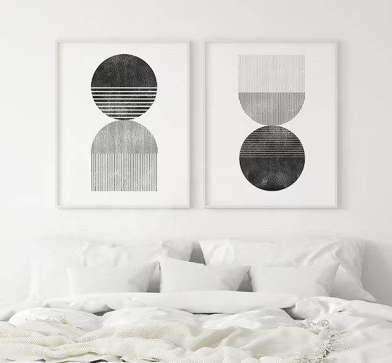 Set of 2 Geometric Black and White Circle Line Wall Art - Etsy | Etsy (US)