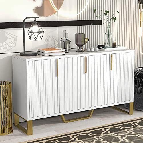 60“ Modern Buffet Large Sideboard with 4 Doors，Wood Coffee Bar Cabinet with Metal Handles & L... | Amazon (US)