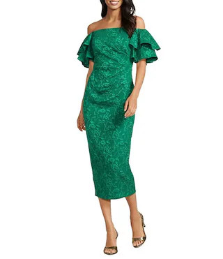 Off-The-Shoulder Ruffle Short Sleeve Jacquard Sheath Midi Dress | Dillard's