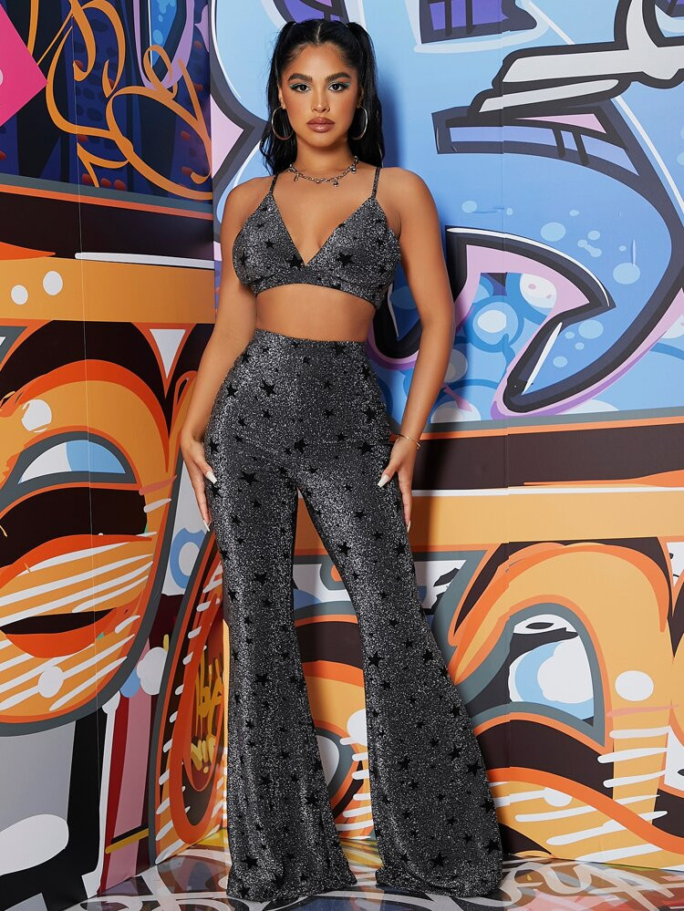 SHEIN SXY Star Print Glitter Cami Top & Flare Leg Pants Set | SHEIN