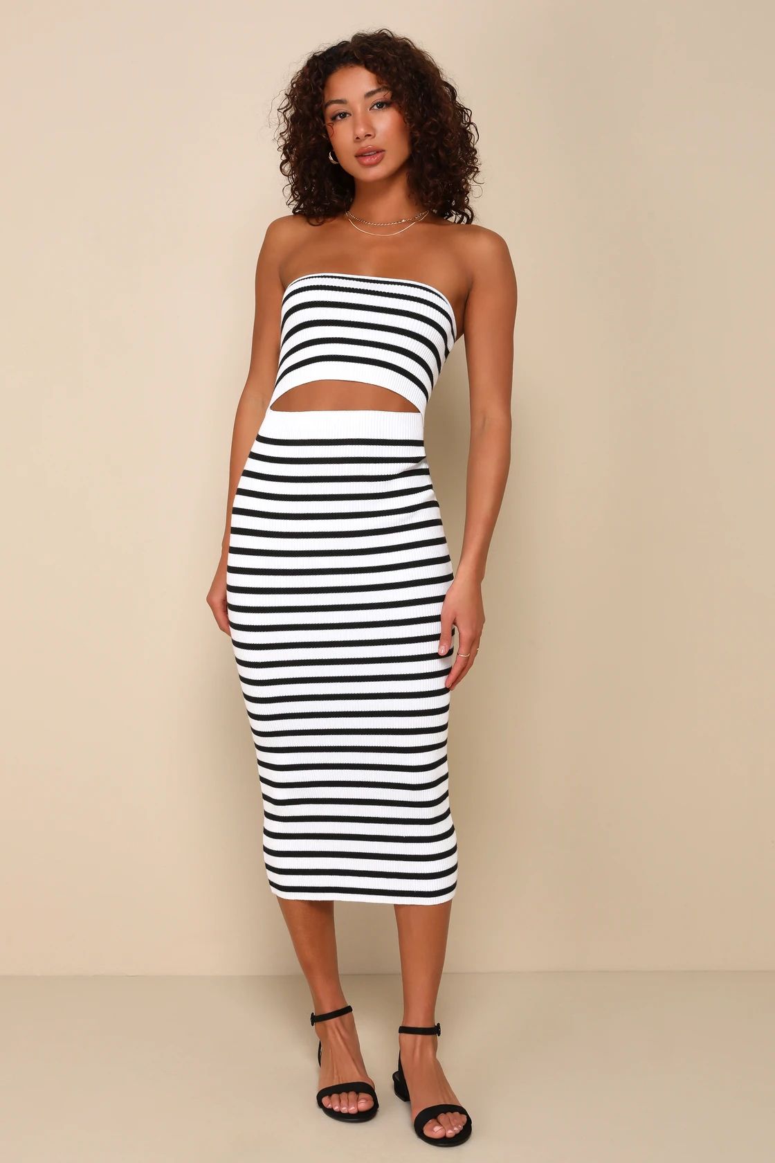 Trend-Worthy White Striped Ribbed Cutout Strapless Midi Dress | Lulus