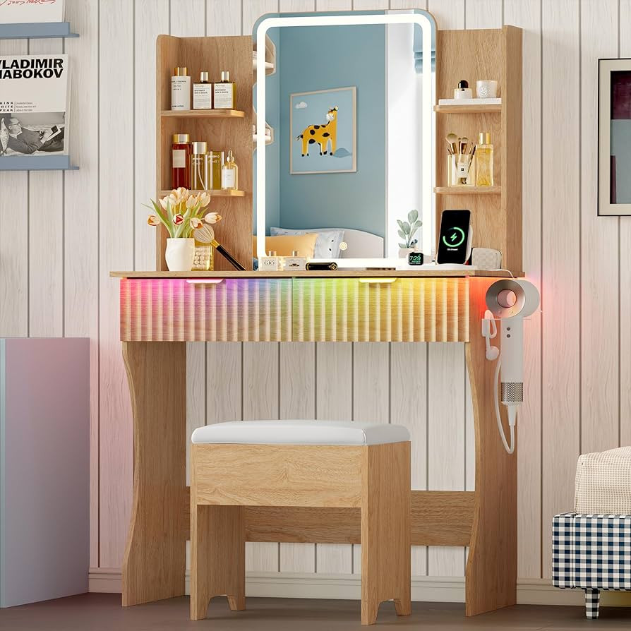 Amazon.com: Vanity Desk with LED Lights Mirror & Power Outlet, Small Makeup Vanity Table Set with Storage Drawers & Chair, 3 Lighting Modes & Adjustable Brightness, Dressing Table for Women Girls Bedroom, Oak : Home & Kitchen | Amazon (US)