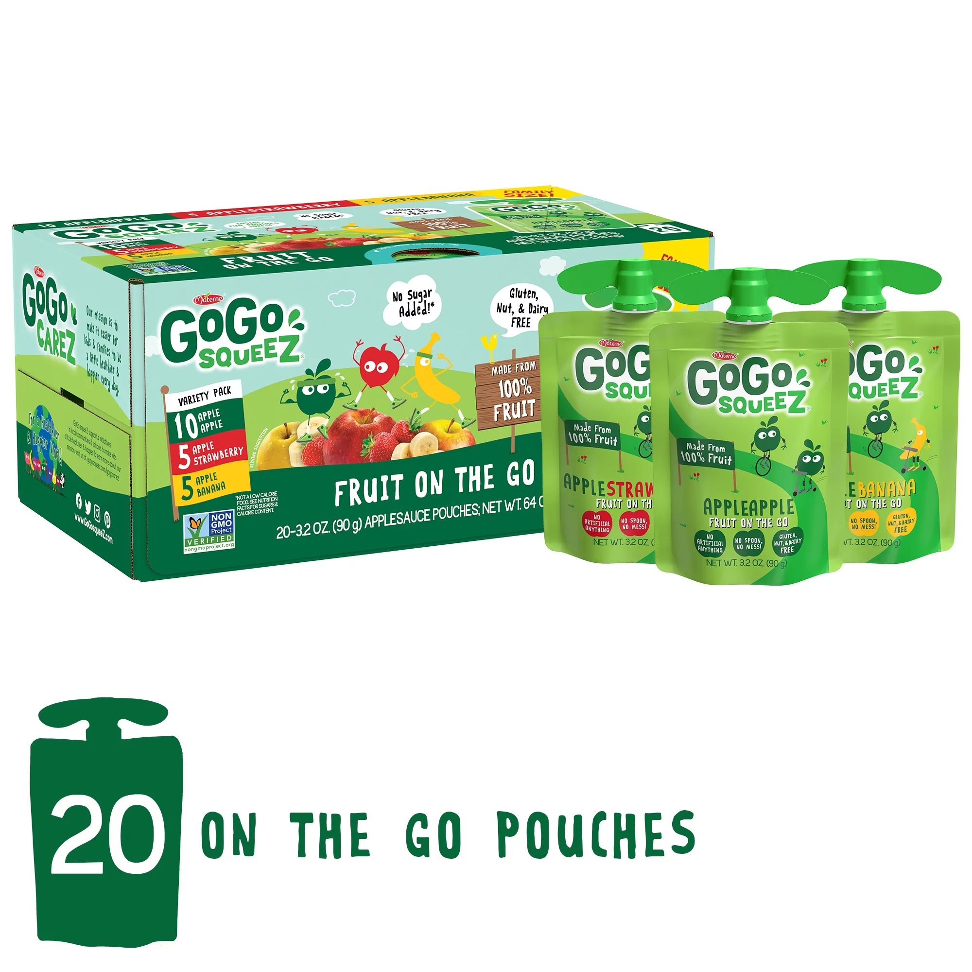GoGo squeeZ Applesauce Pouches, Apple Apple, Apple Banana, Apple Strawberry, 20 Pack | Walmart (US)
