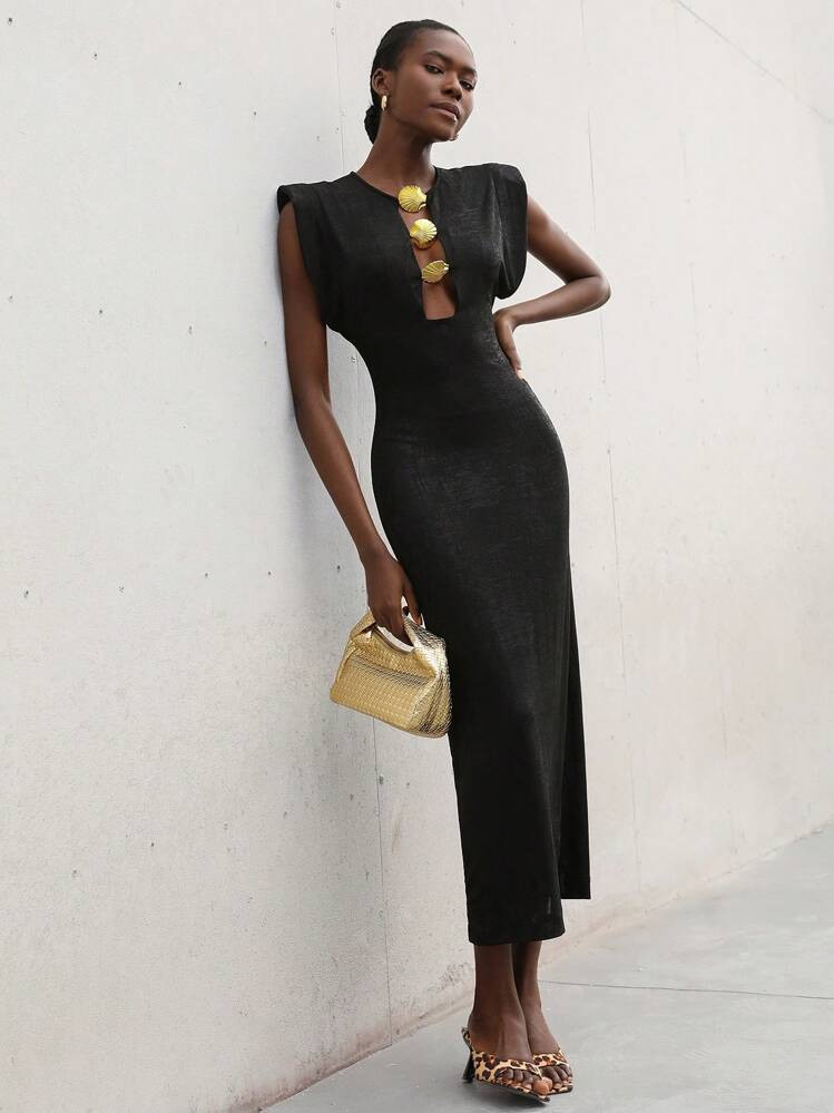 Aveloria Modichic Vestido Elegante Para Oficina Y Trayecto Con Hombros Exageradamente Acolchados, Mangas De Casquillo, Cuello Redondo, Diseño Sexy Con Botones De Concha Hueca, Recogido En La Cintura, Vestido Largo Entallado | SHEIN
