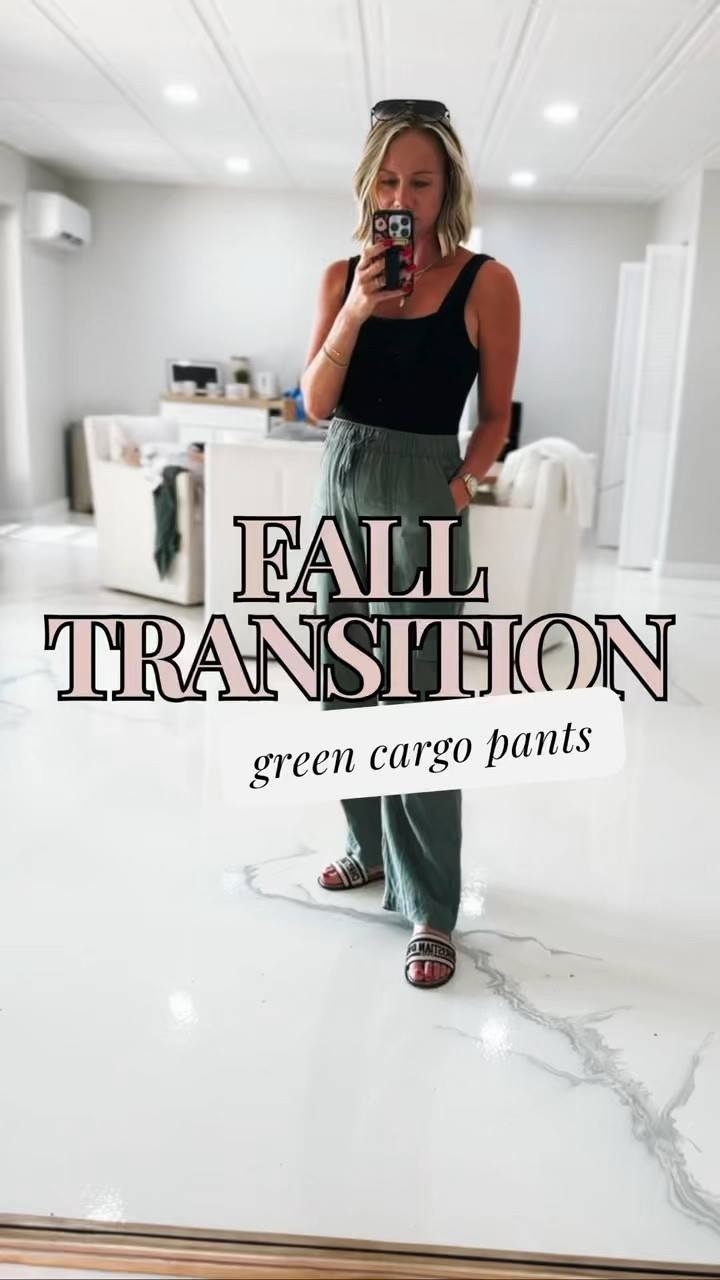 These green linen cargo pants will be a great fall transition piece! 

Fashionably late mom
Linen pants
Body suit 
