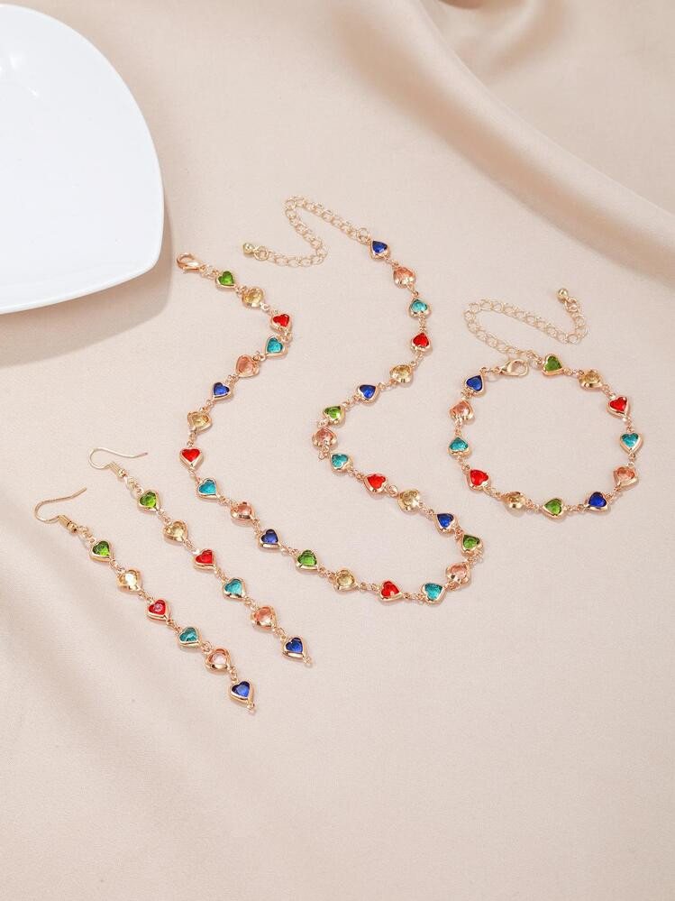 4pcs/Set Glamorous Color Block Rhinestone Heart Decor Jewelry Set For Women For Gift Valentines,Mom,Mother,Mother's Day,Gift | SHEIN