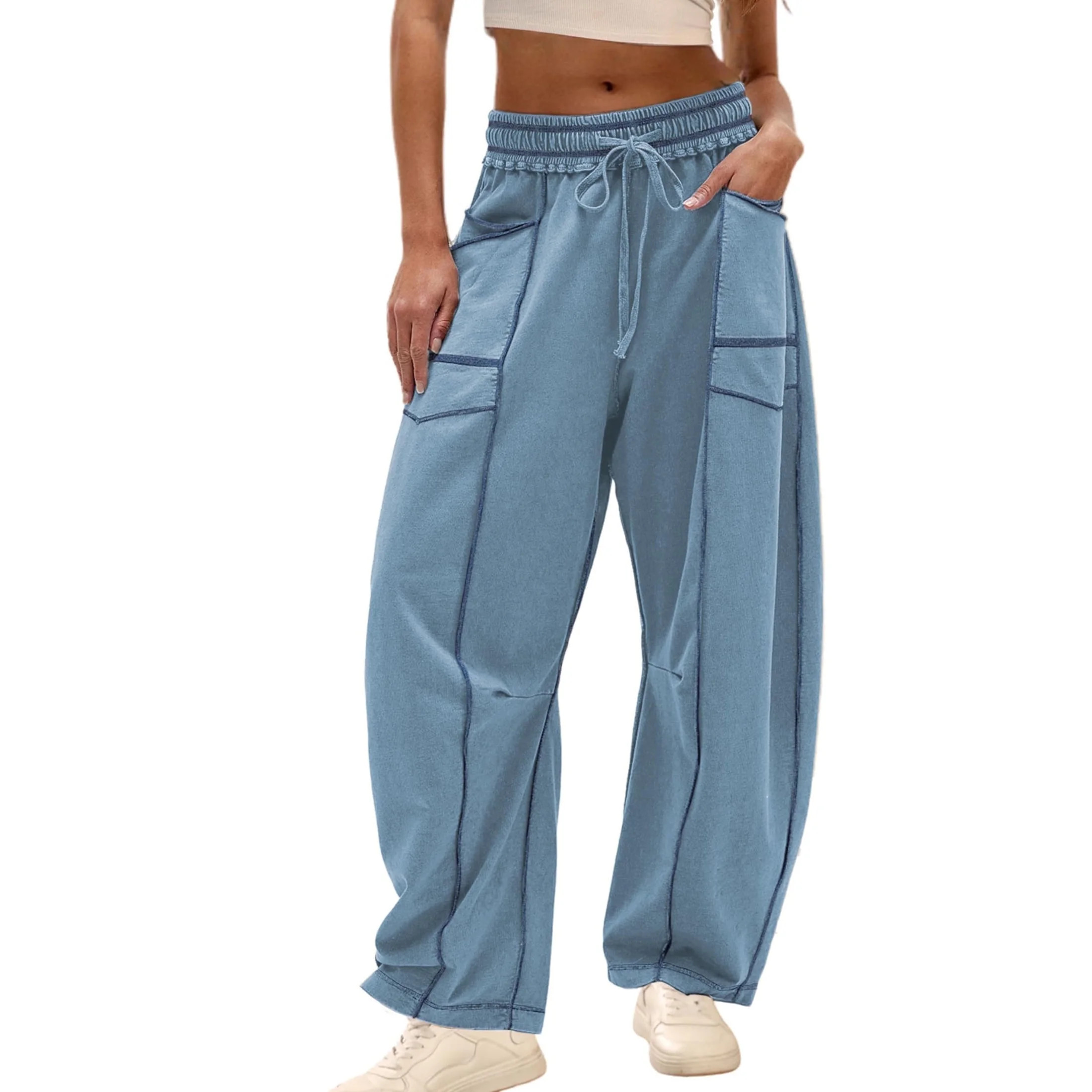 PUWEI Women's Barrel High Waisted Sweatpants Wide Leg Drawstring Athletic Baggy Pants with Pocket... | Walmart (US)