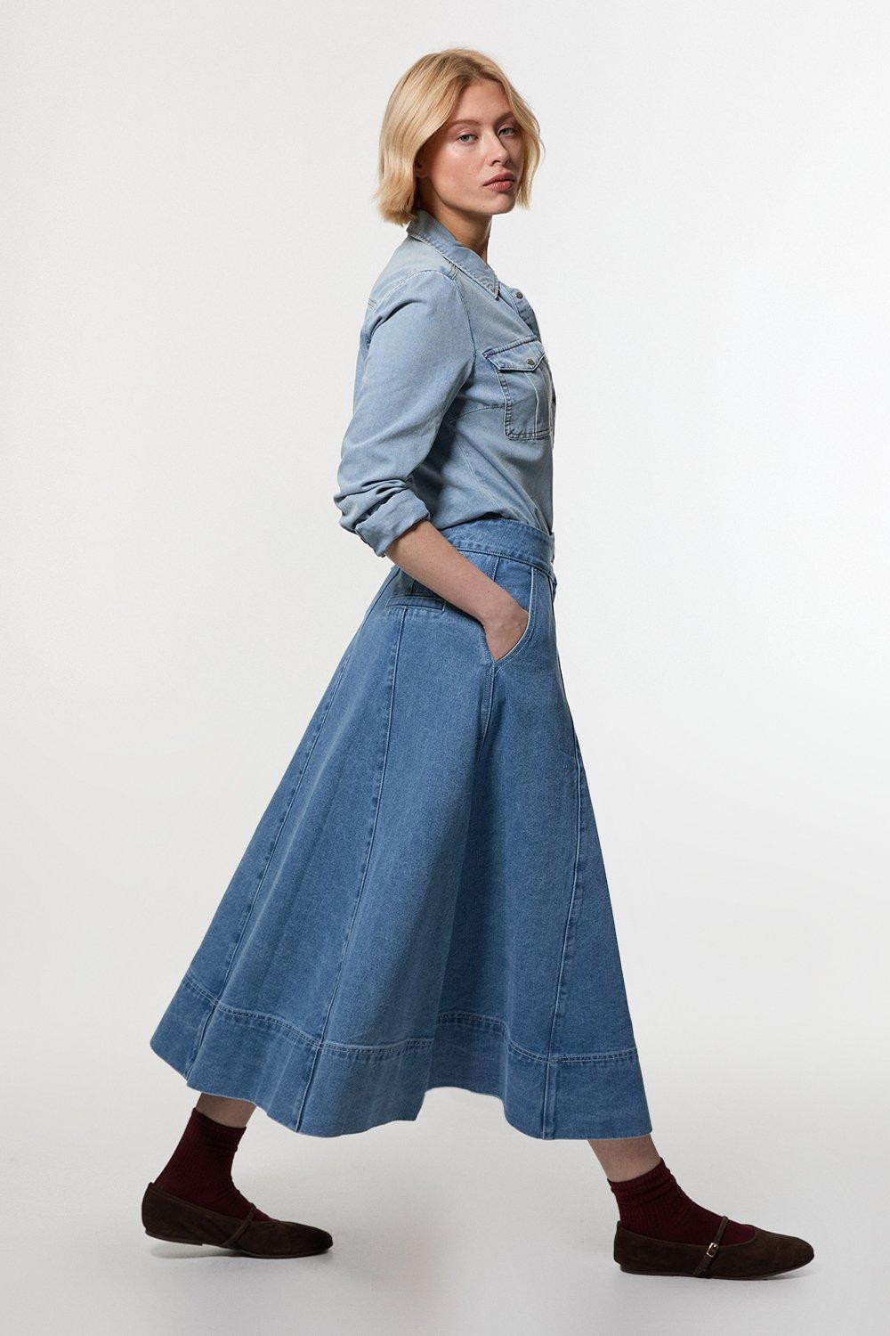Petite Denim High Waist Full Midi Skirt | Karen Millen UK + IE + DE + NL