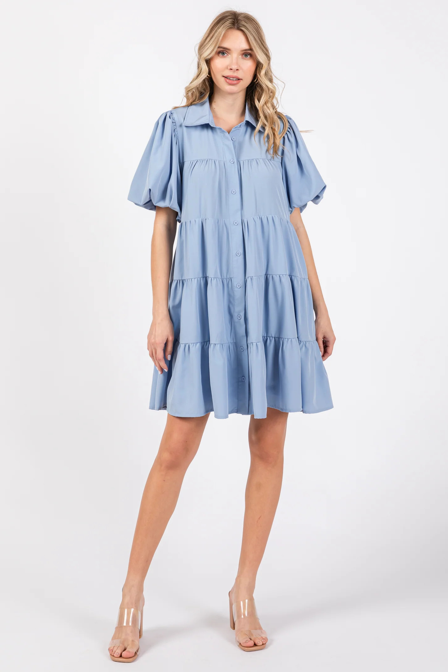 Light Blue Puff Sleeve Maternity Mini Shirt Dress | PinkBlush Maternity