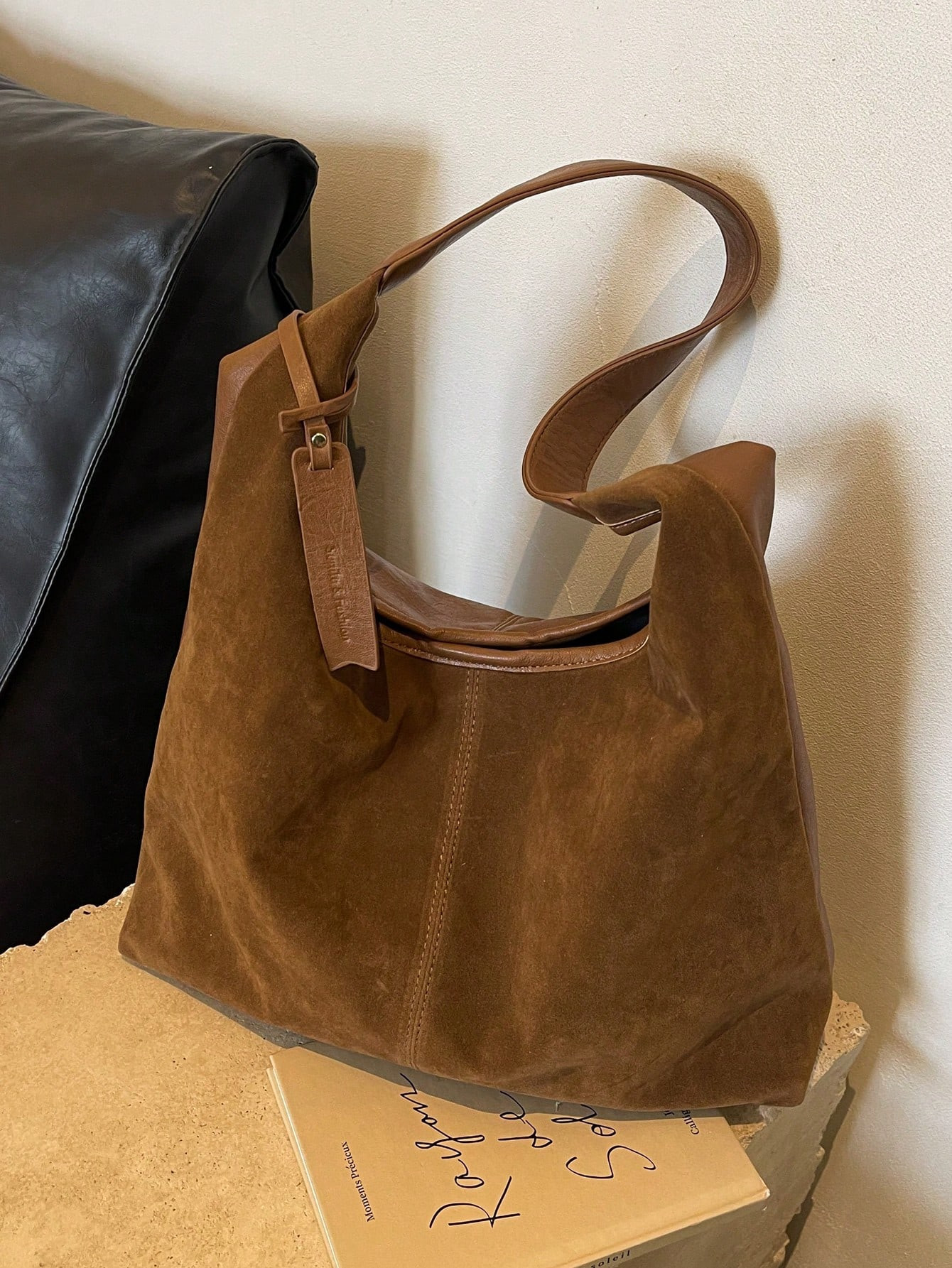 Autumn Vintage Suede Casual Large Capacity Shoulder Tote Bag With Letter Embossing Leather Patch ... | SHEIN