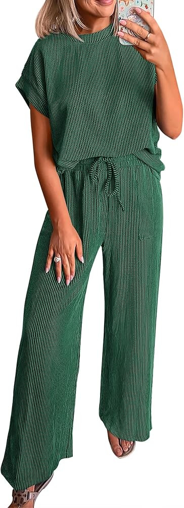KIRUNDO Womens Summer 2 Piece Outfits Casual Ribbed Knit Short Sleeve Tops Wide Leg Pants Lounge ... | Amazon (US)