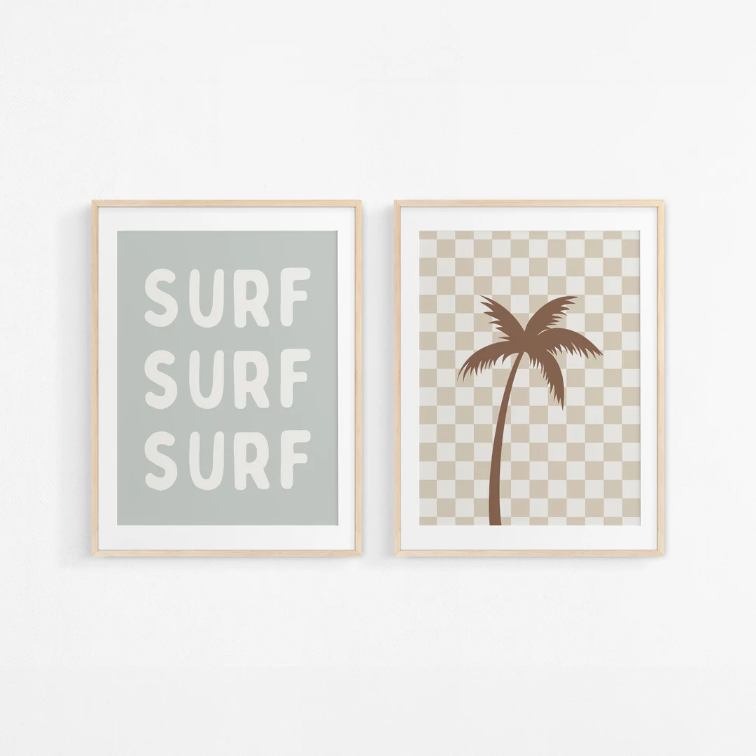 Sage Surf Palm Tree Downloadable Print Set of 2, Surf Nursery Decor, Beach Kids Room, Surfer Room... | Etsy (US)