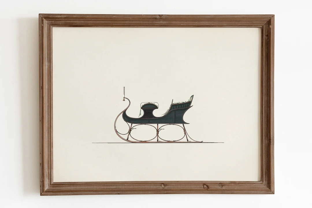 Christmas sleigh digital print. Green sleigh vintage painting. Antique sleigh print. Winter wall ... | Etsy (US)