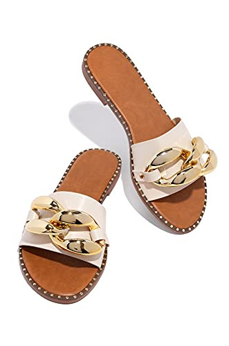 Powerpurlife Women's gold chain decorated flat sandals slippers peep toe one word sandals.(A Middle apricot 42) | Amazon (US)