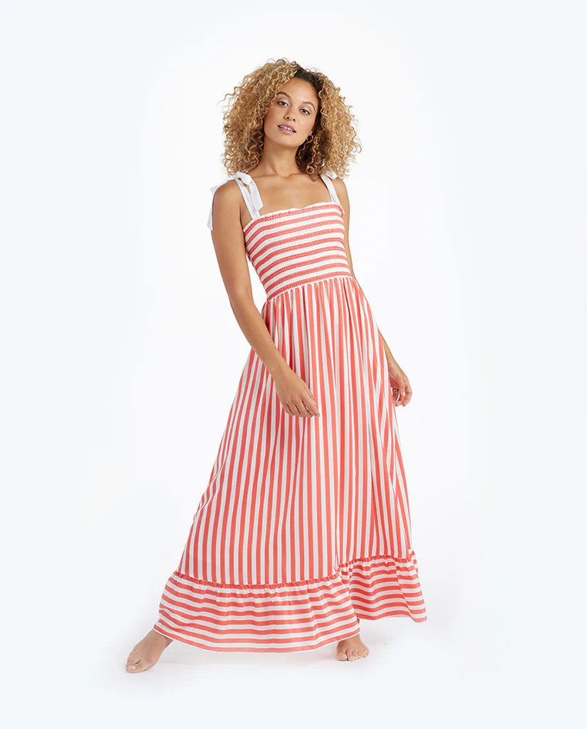 The Smocked Maxi Dress - Nautical Stripe in Nantucket Red | SummerSalt