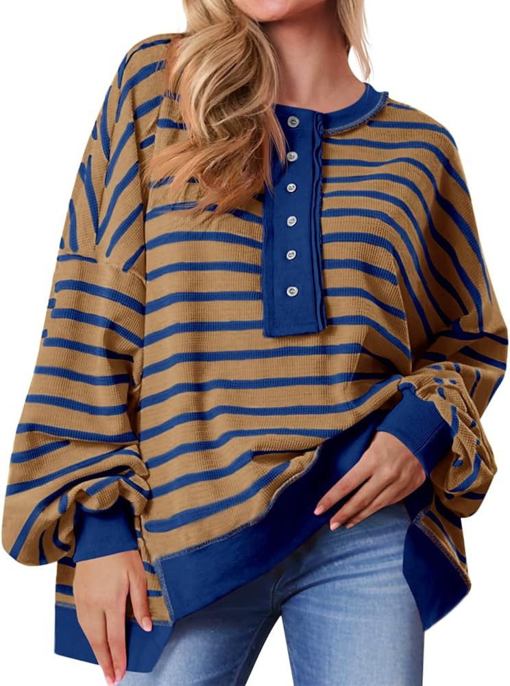 Tankaneo Womens Oversized Striped Sweatshirts Henley Shirts Color Block Casual Pullover Waffle Kn... | Amazon (US)