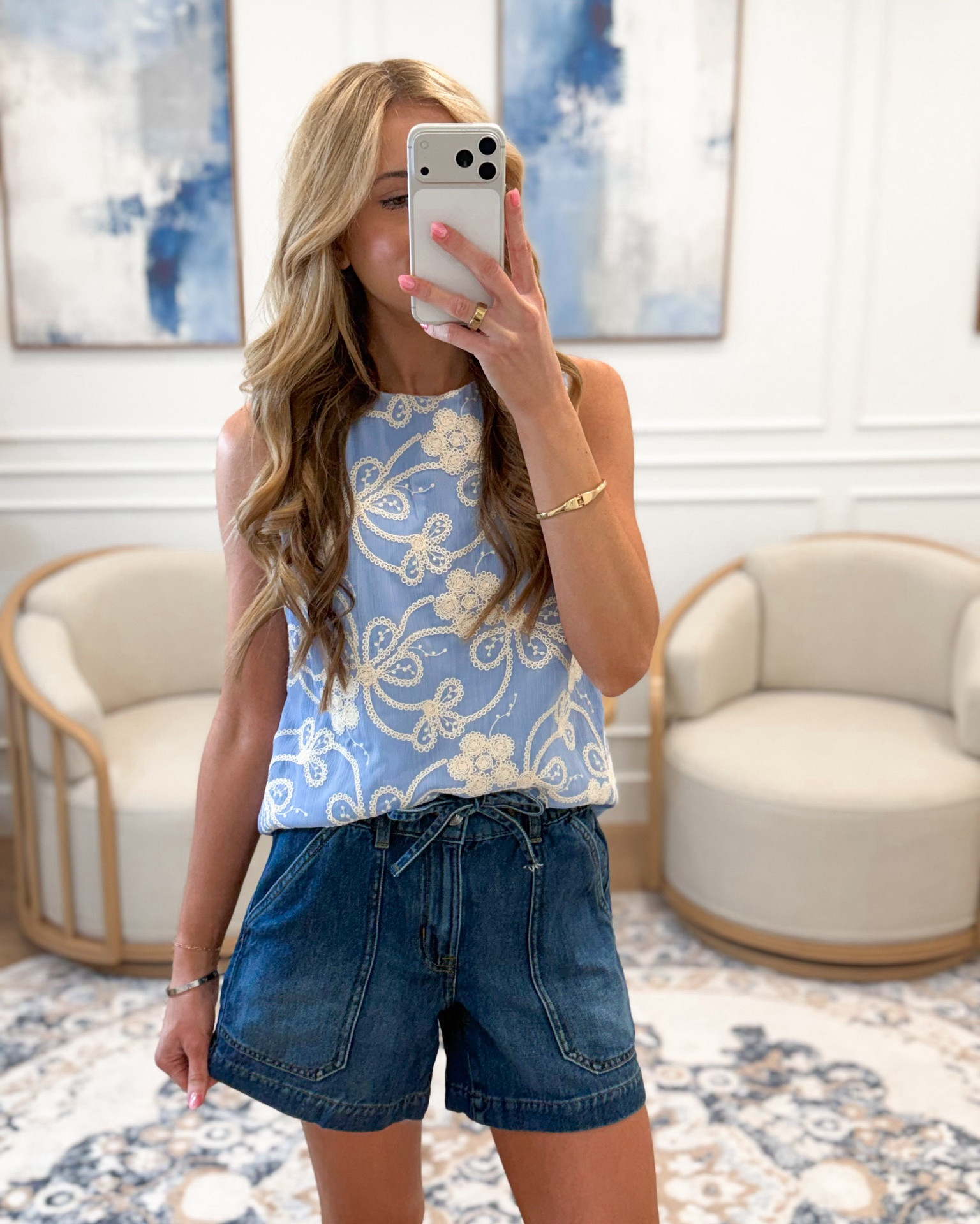 @Maurices This blue floral embroidered top from Maurices is a standout piece — intricate lace embroidery detail that makes any outfit look instantly more polished. Paired with belted denim shorts for the perfect casual chic look. 

#LTKSeasonal #LTKootd #LTKTall