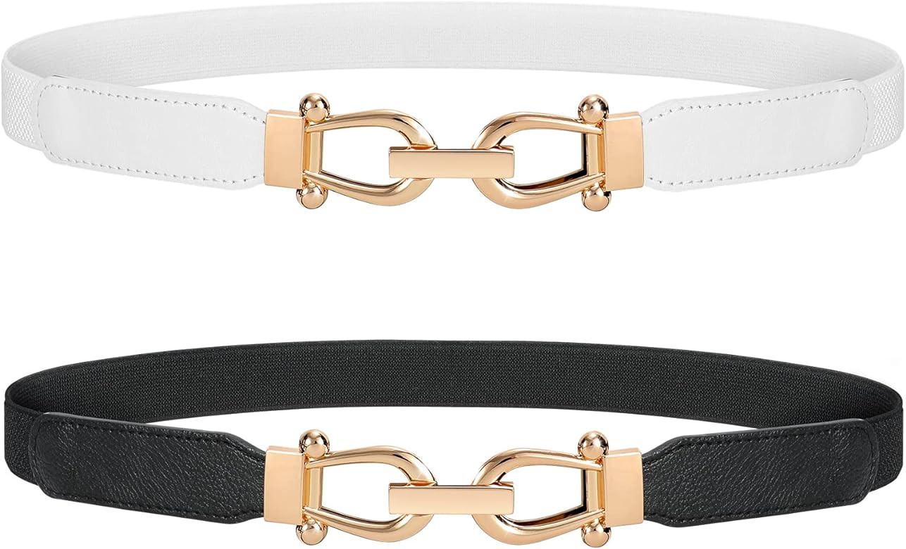 JASGOOD Women Stretchy Waist Belt Retro Elastic Skinny Belt for Ladies with Gold Buckle | Amazon (US)