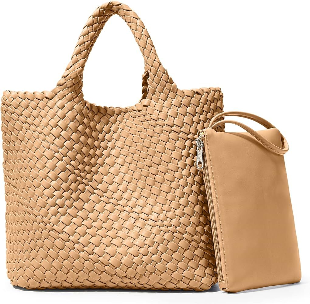 KALIDI Woven Tote Bag, Women Macaron Soft Leather Weave Handbag Purse Wrist Bag Large Capacity Work  | Amazon (US)