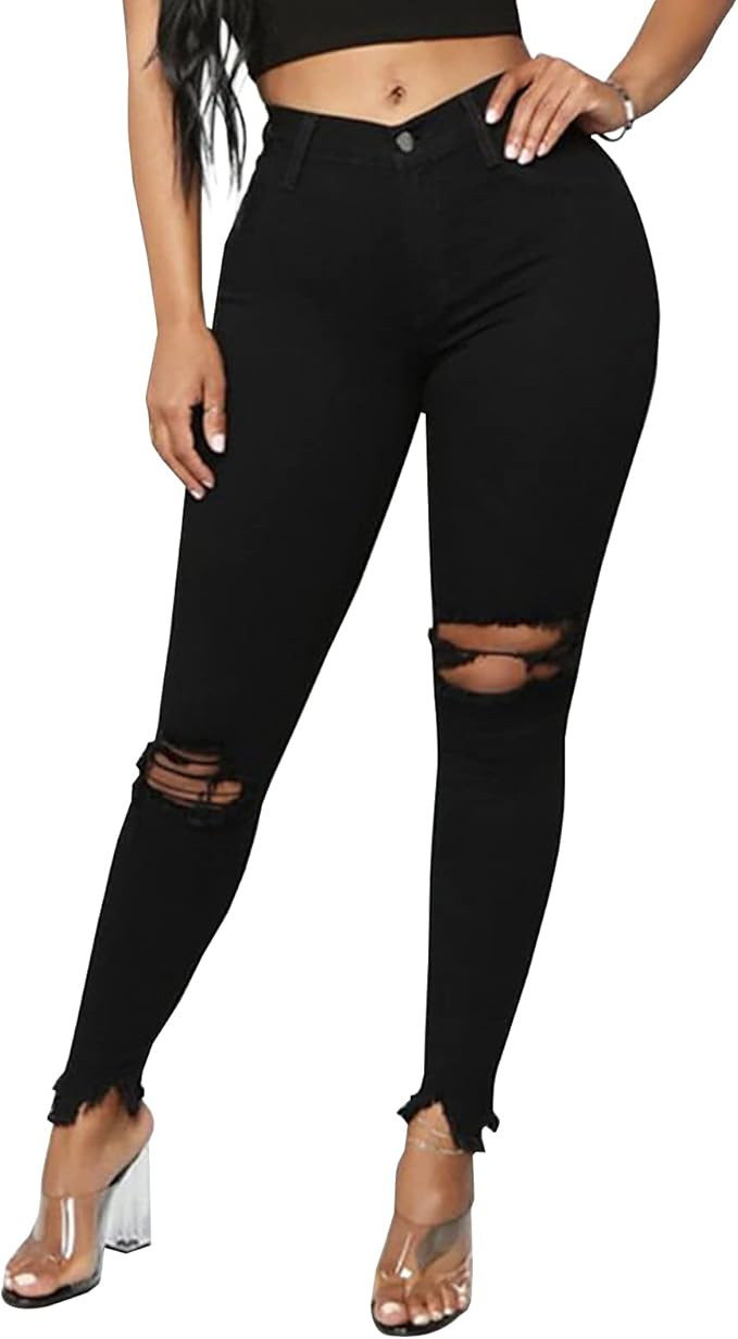LONGYIDA Women's High Rise Ripped Skinny Jeans Stretch Slim Fit Distressed Destroyed Denim Ankle ... | Amazon (US)