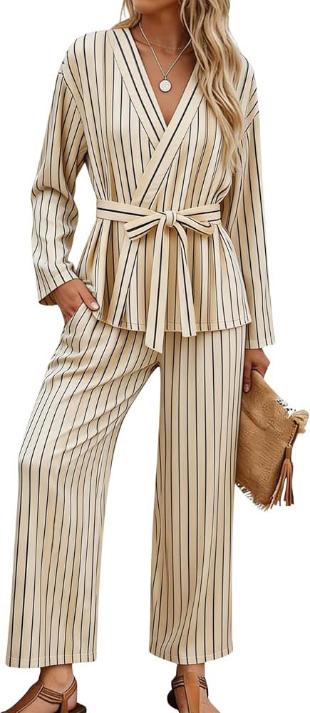 Tanming Womens Pajama Sets Wrap Belted Tops Wide Leg Pants Cute Pjs Striped 2 Piece Lounge Set | Amazon (US)