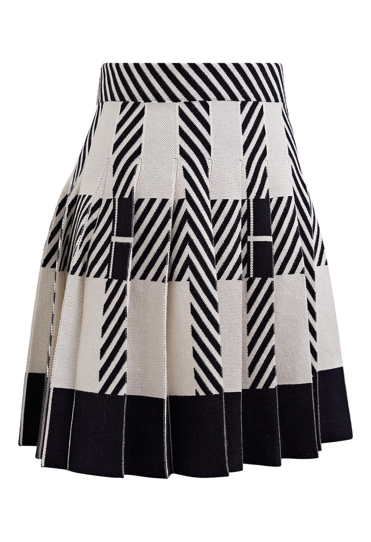 Color Block Striped Pleated Knit Skirt in Ivory | Chicwish