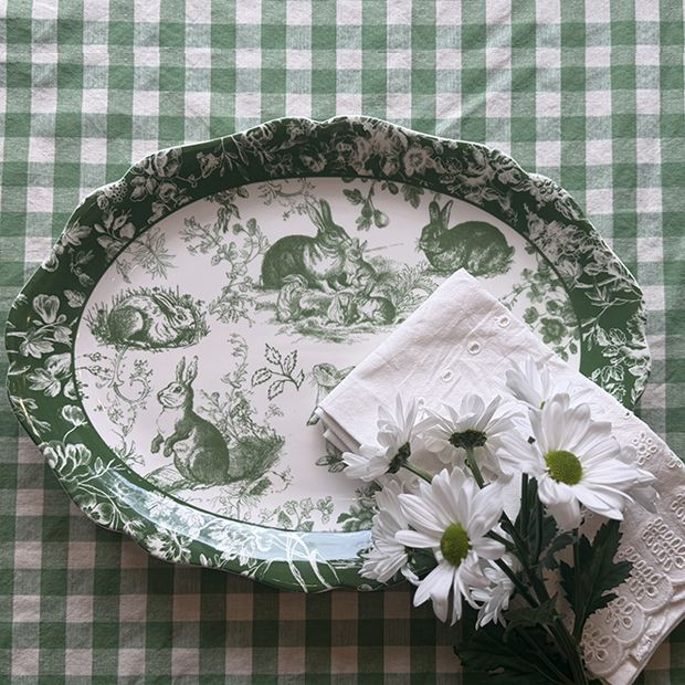 Green Floral Bunny Oval Platter | Antique Farm House