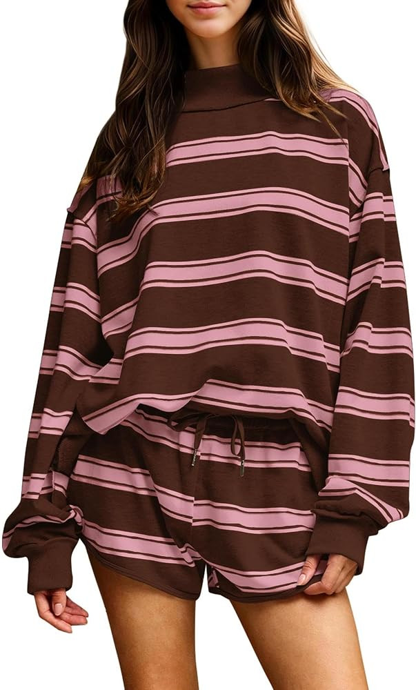 Women Striped 2 Piece Set Oversized Sweatshirt Shorts Outfits | Amazon (US)