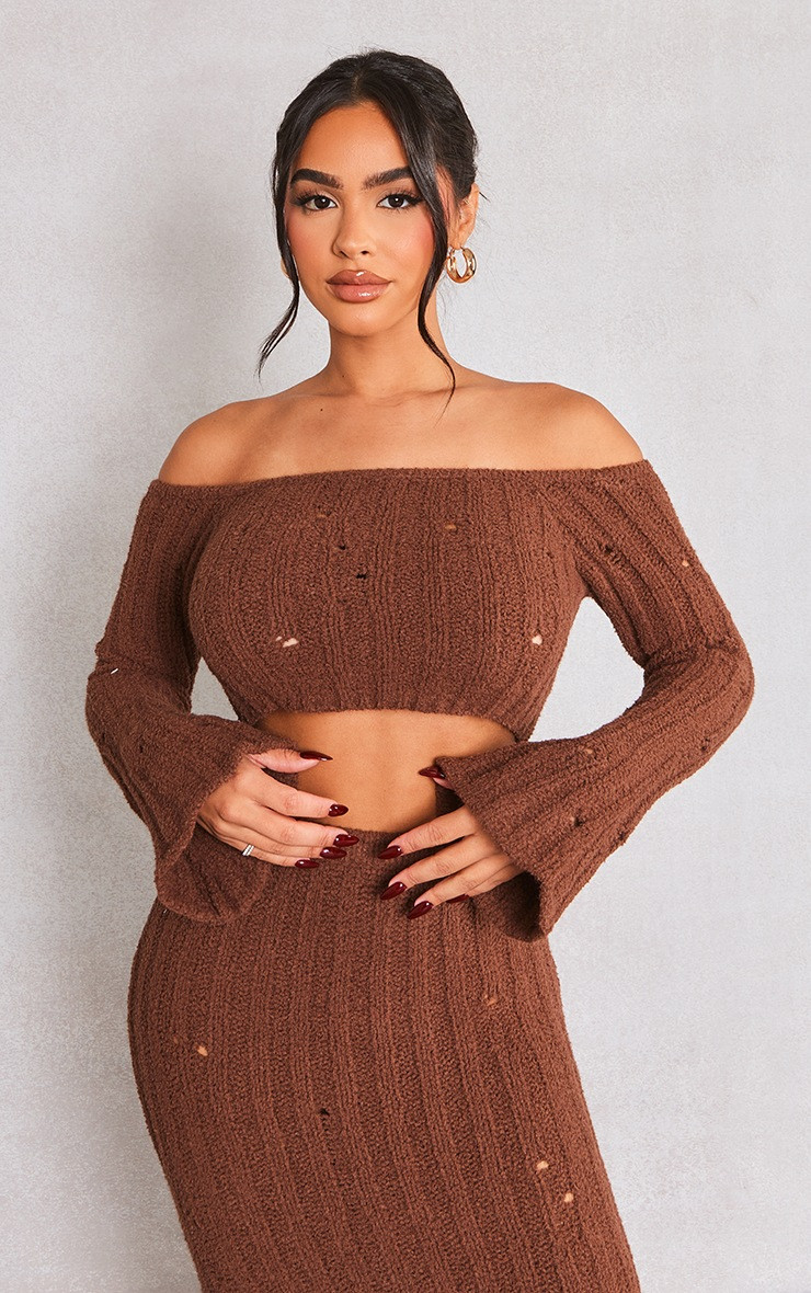 Petite Chocolate Distressed Rib Knit Bardot Top | PrettyLittleThing UK